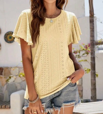 Yellow Pointelle Flutter Sleeve Knit Top