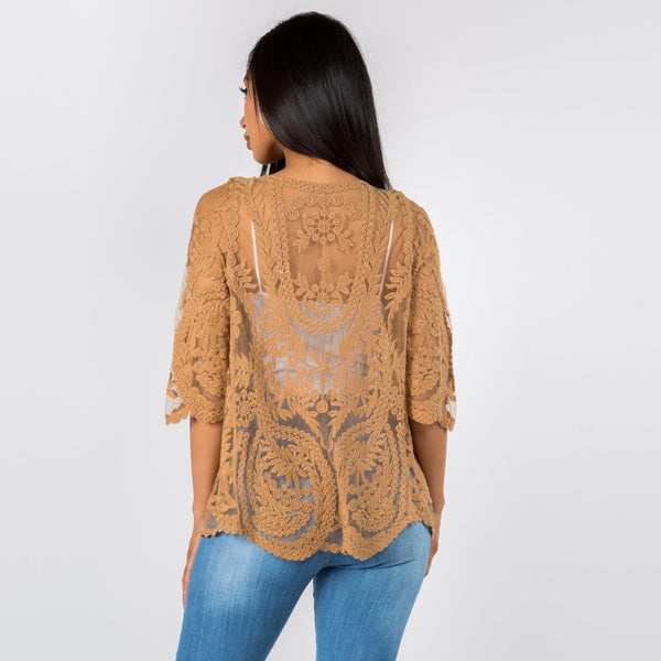 Camel with lace 3/4 sleeve jacket kimono