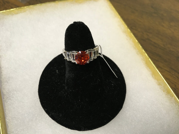 Silver red amber rhinestone fashion ring size 7