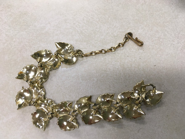 Vintage gold and mint leaf fashion bracelet with hook closure