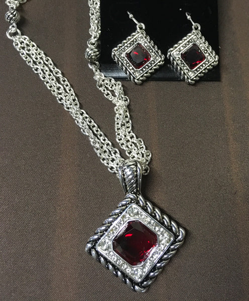 Ruby Red antiqued silver fashion necklace and earring set