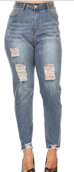 Denim distressed fray jean PLUS