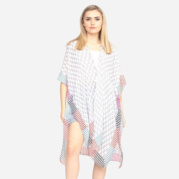 White geometric stripe kimono