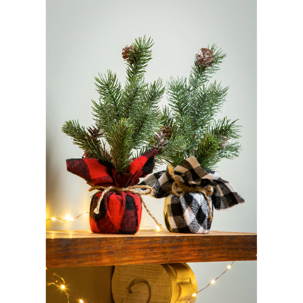 Pine Tree in white Buffalo Plaid Burlap Pot