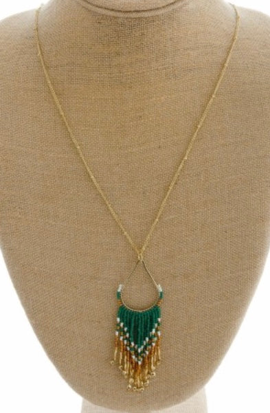 Green seed bead tassel necklace