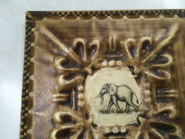Vintage African walking Elephant metal tin picture preowned