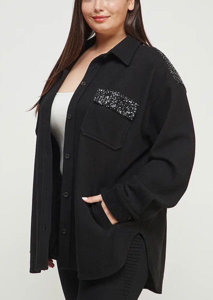 Black Corduroy Shacket with Sequin Plus