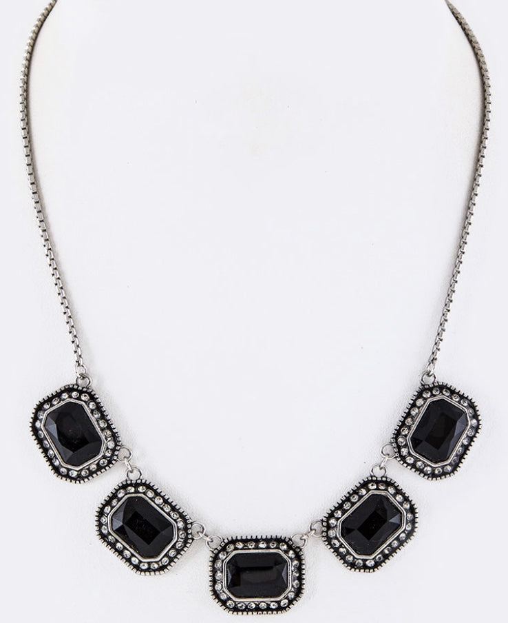 Jet black square crystal necklace