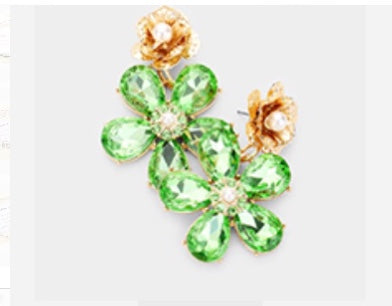 Green crystal teardrop flower post earrings