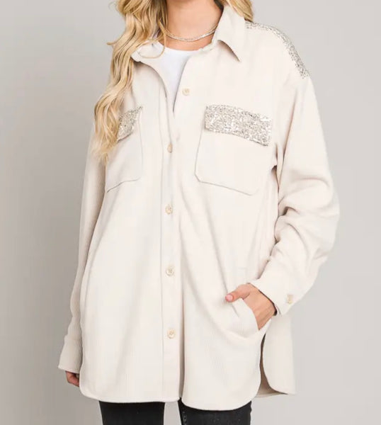 Cream Silver Sequin Corduroy Shacket Jacket