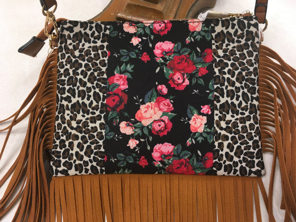 Leopard Floral Fringe Crossbody Bag