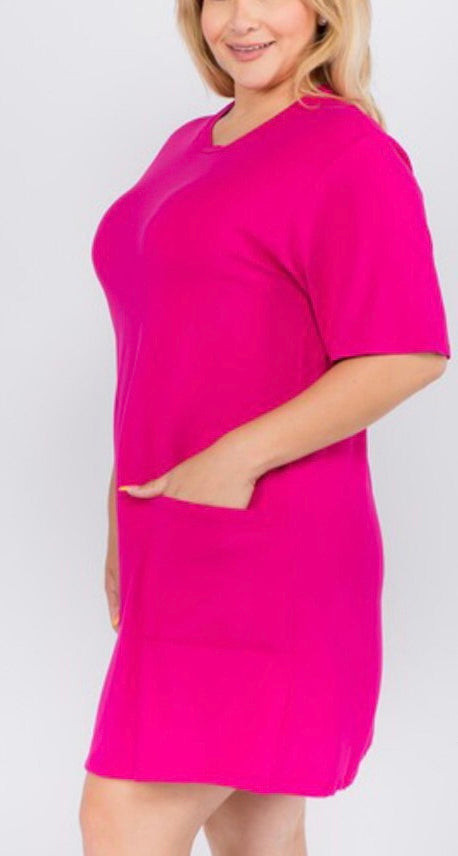 Fuchsia T-shirt pocket dress Plus