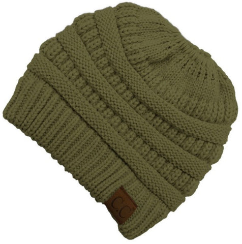 Olive CC beanie messy bun
