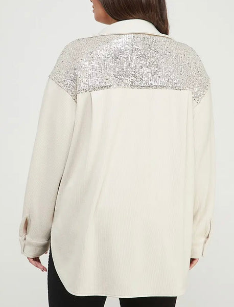 Cream Silver Sequin Corduroy Shacket Jacket Plus