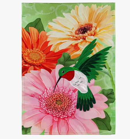 Hummingbird and Daisy Trio Garden Linen Flag