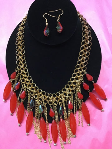 Red gold mix drop mesh chain statement necklace set