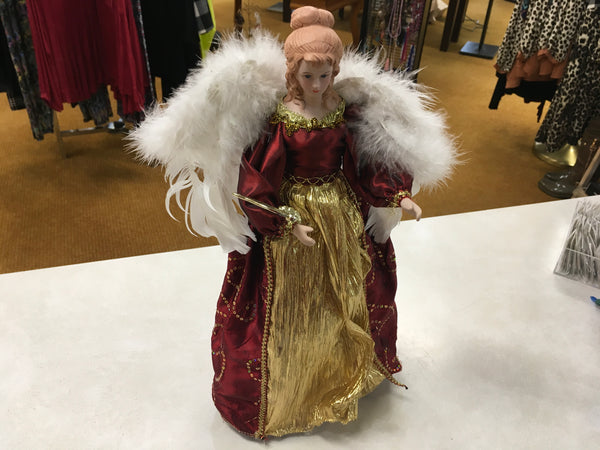 Angel harp in burgundy with feathers tree topper preowned
