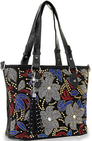 Black Colorful Floral Rhinestone Tote