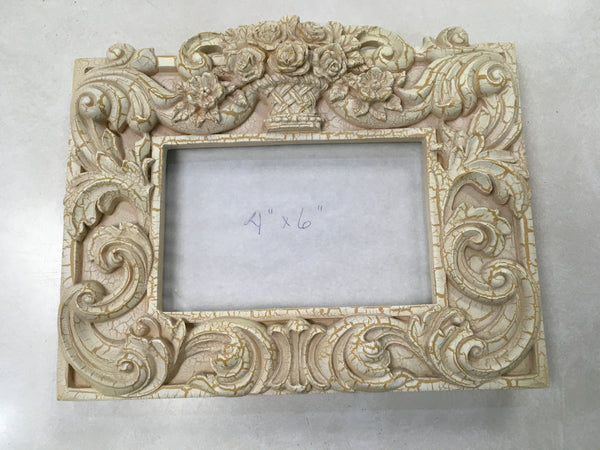 Rose basket swirl design ivory tan picture frame 4” x 6” preowned