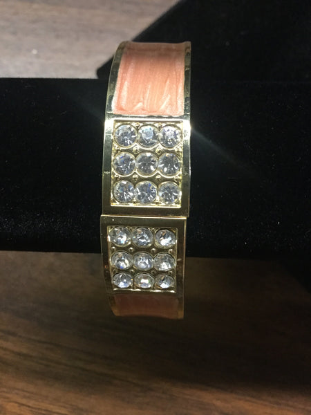 Peach enamel stone hinged bracelet with rhinestones