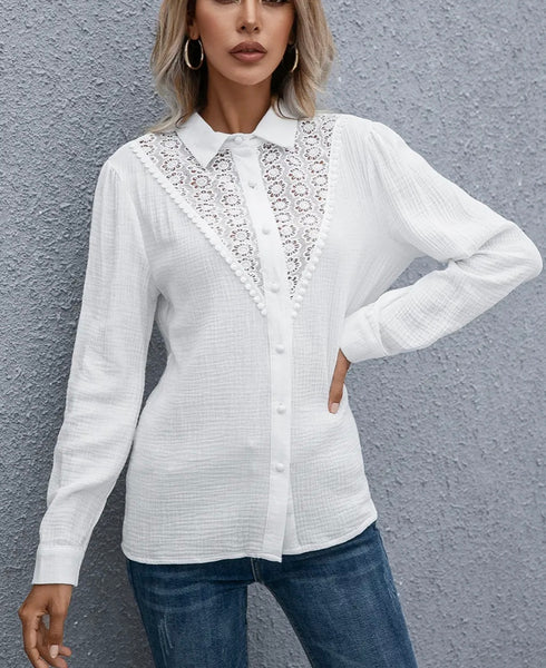 White Lace Detail Button Shirt