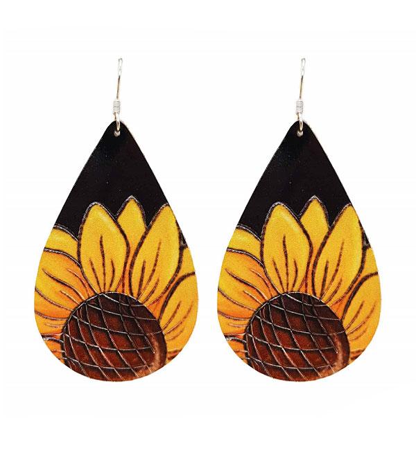 Black Genuine Leather Sunflower Earrings
