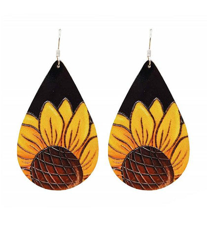 Black Genuine Leather Sunflower Earrings