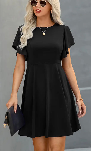 Black Ruffle Sleeve A-line Short Dress