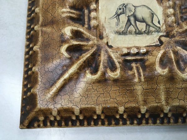 Vintage African walking Elephant metal tin picture preowned