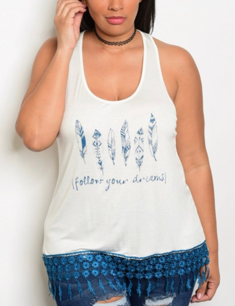 Ivory teal blue follow dreams fringed tank top PLUS