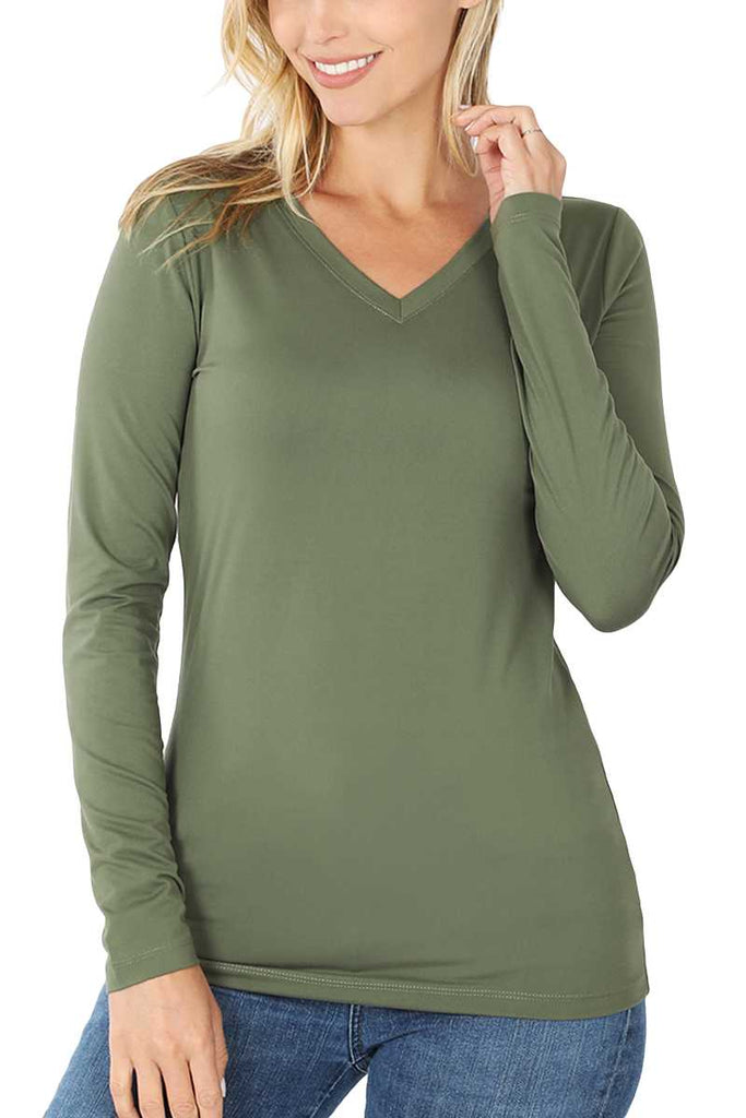 Olive Long Sleeve V Neck T-shirt  Top
