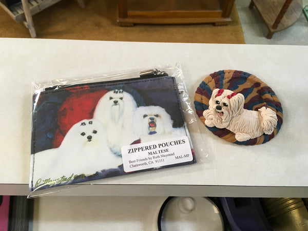 Maltese puppy dog On rug Cecile candle holder plus pouch preowned