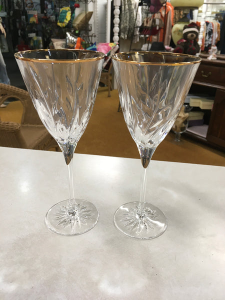 Champagne Wine crystal leaf design stem gold rim glasses 2