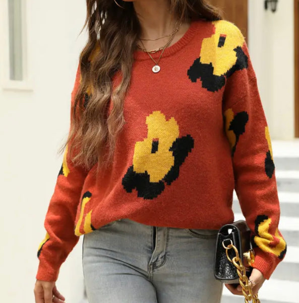 Orange Daisy Floral Knit Sweater