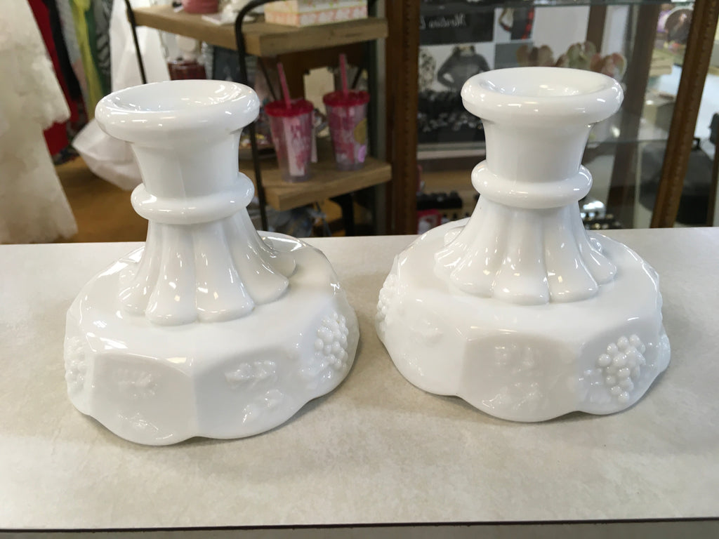Milk Glass Candle stick holders with grapes 2 piece  Vintage Estate