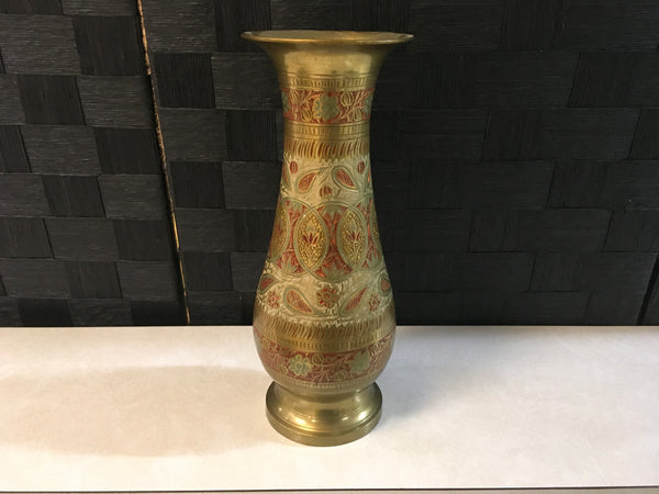 Brass Etched flower handpainted ornate Vase Vintage