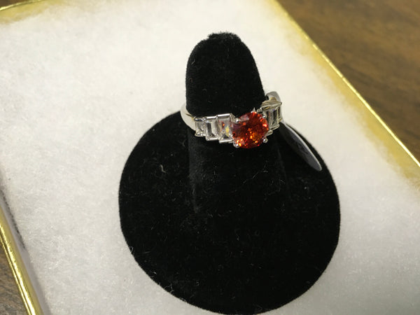 Silver red amber rhinestone fashion ring size 7