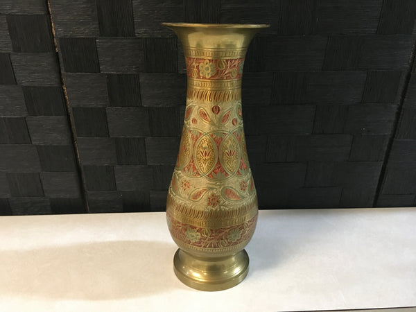 Brass Etched flower handpainted ornate Vase Vintage