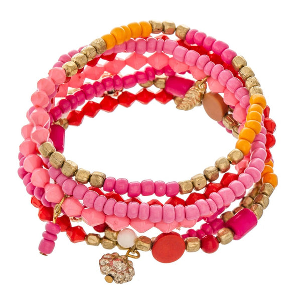 Pink red yellow boho flower charm 7 line bracelet