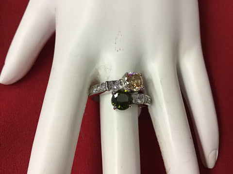 Silver ring with Topaz and black stone trimmed in rhinestone size 9