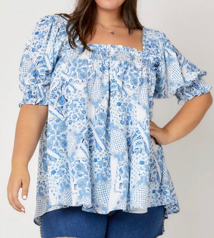 Blue pattern Square neck top Plus