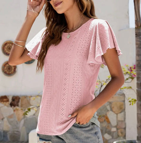 Pink Pointelle Flutter Sleeve Knit Top