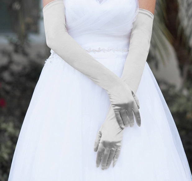 Silver wedding prom formal long satin gloves