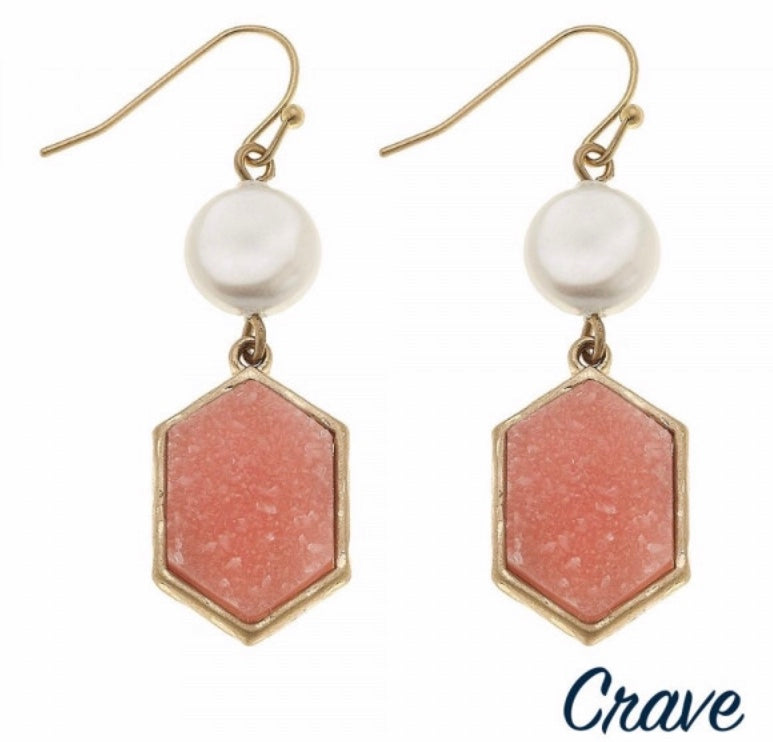 Pink druzy pearl dangle earring