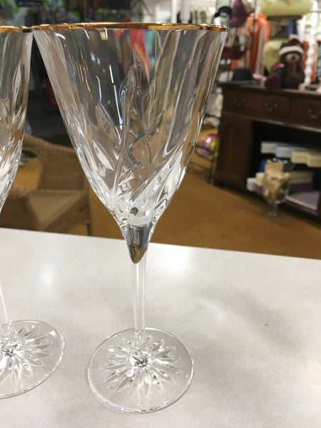 Champagne Wine crystal leaf design stem gold rim glasses 2