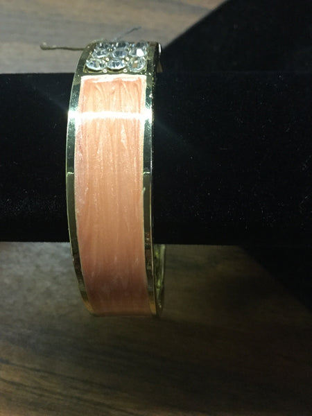 Peach enamel stone hinged bracelet with rhinestones