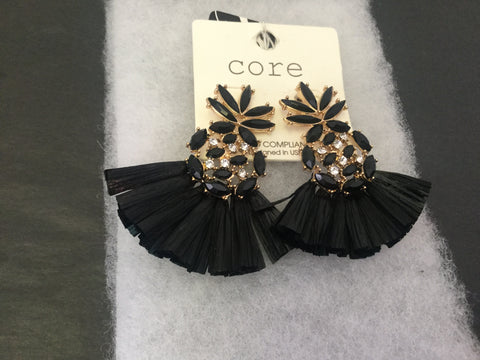 Black gold rhinestone taffeta fringe earrings