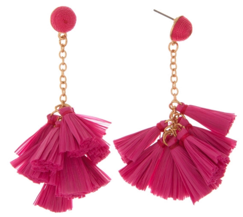 Pink raffia tassel earring