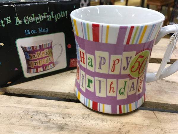 Happy 50th Birthday message mug coffee cup by Russ It’s a Celebration