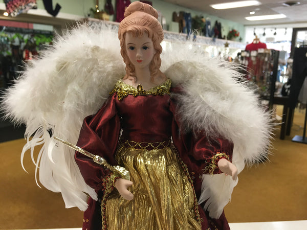 Angel harp in burgundy with feathers tree topper preowned